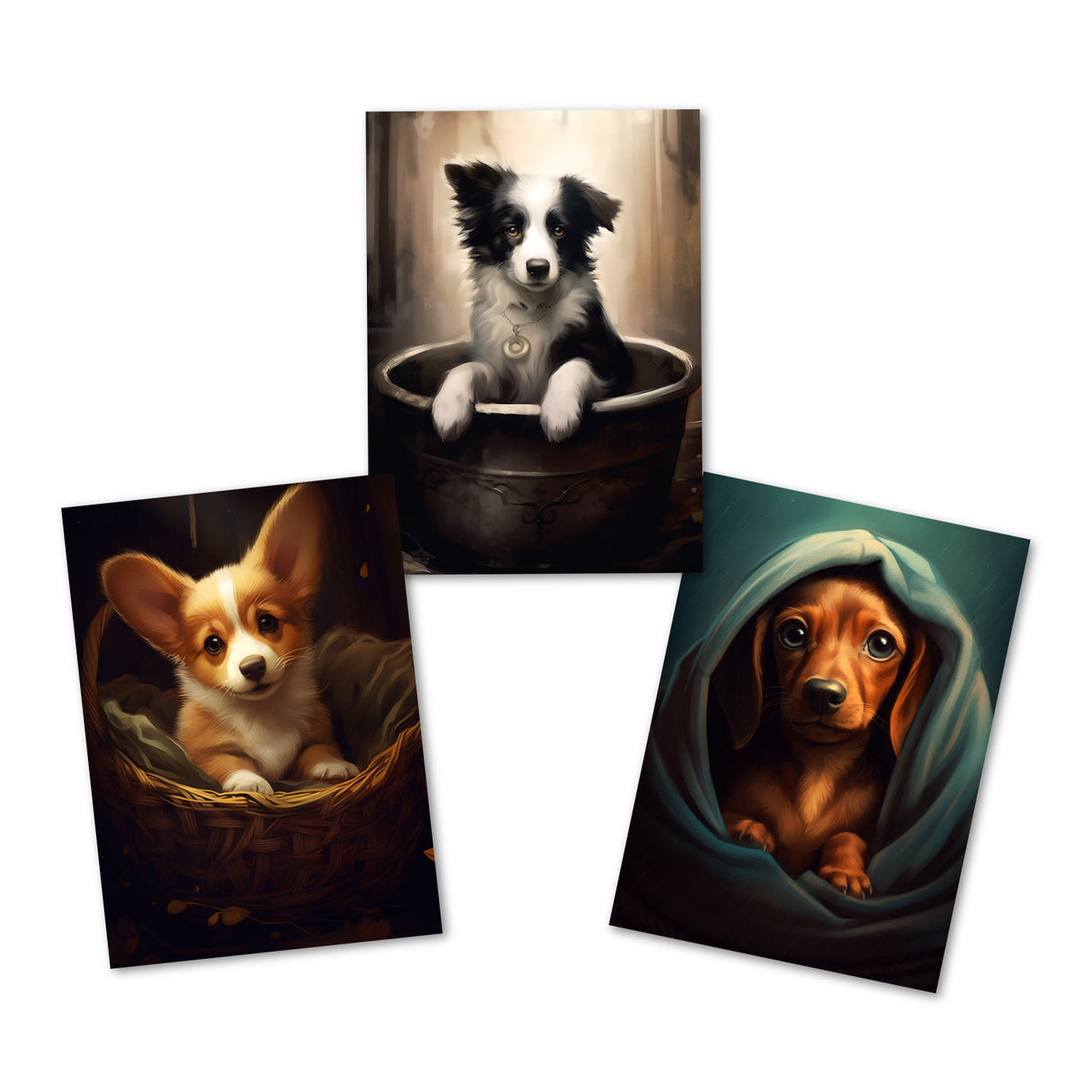 Hundewelpen Grußkarten Set (15 Karten) | Süße kunstvolle Karten mit Welpen verschiedener Rassen | Digital Painting - Oil - Einzel Set