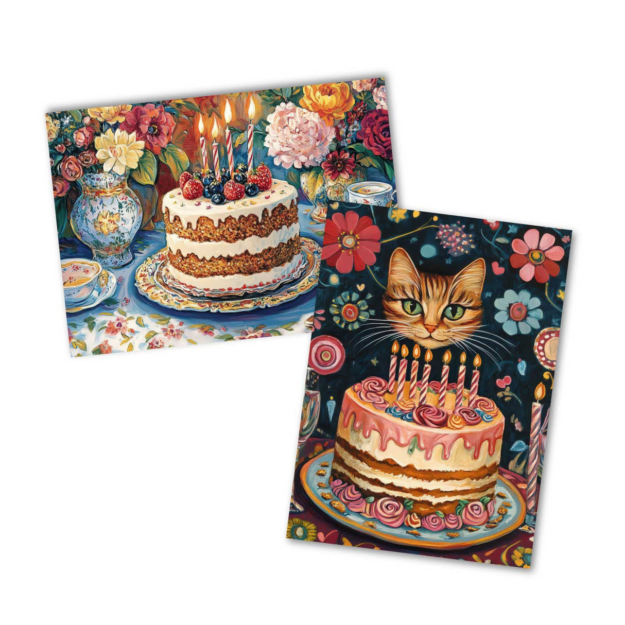 Geburtstagskarten Set mit Kuchen und Katzen – 12 bunte Grußkarten im A6 Format