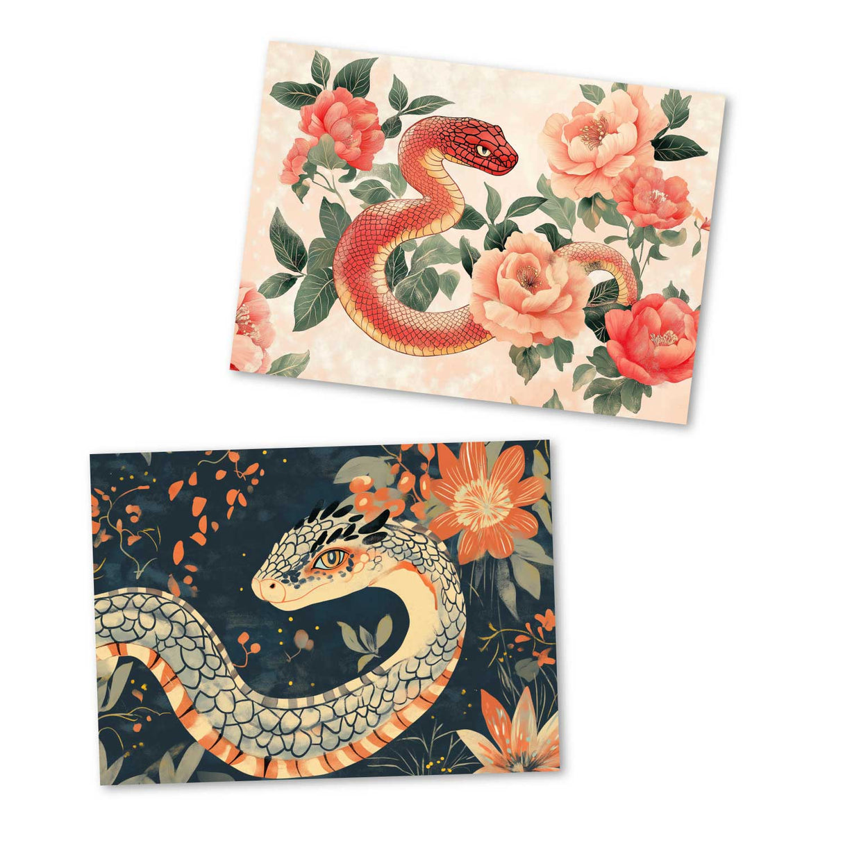 Jahr der Schlange 2025 Postkarten A6 Set (10 Cards) Schlangen Jahr chinesische Sternzeichen asiatische Kultur I Kunstvolle Schlangen Karten