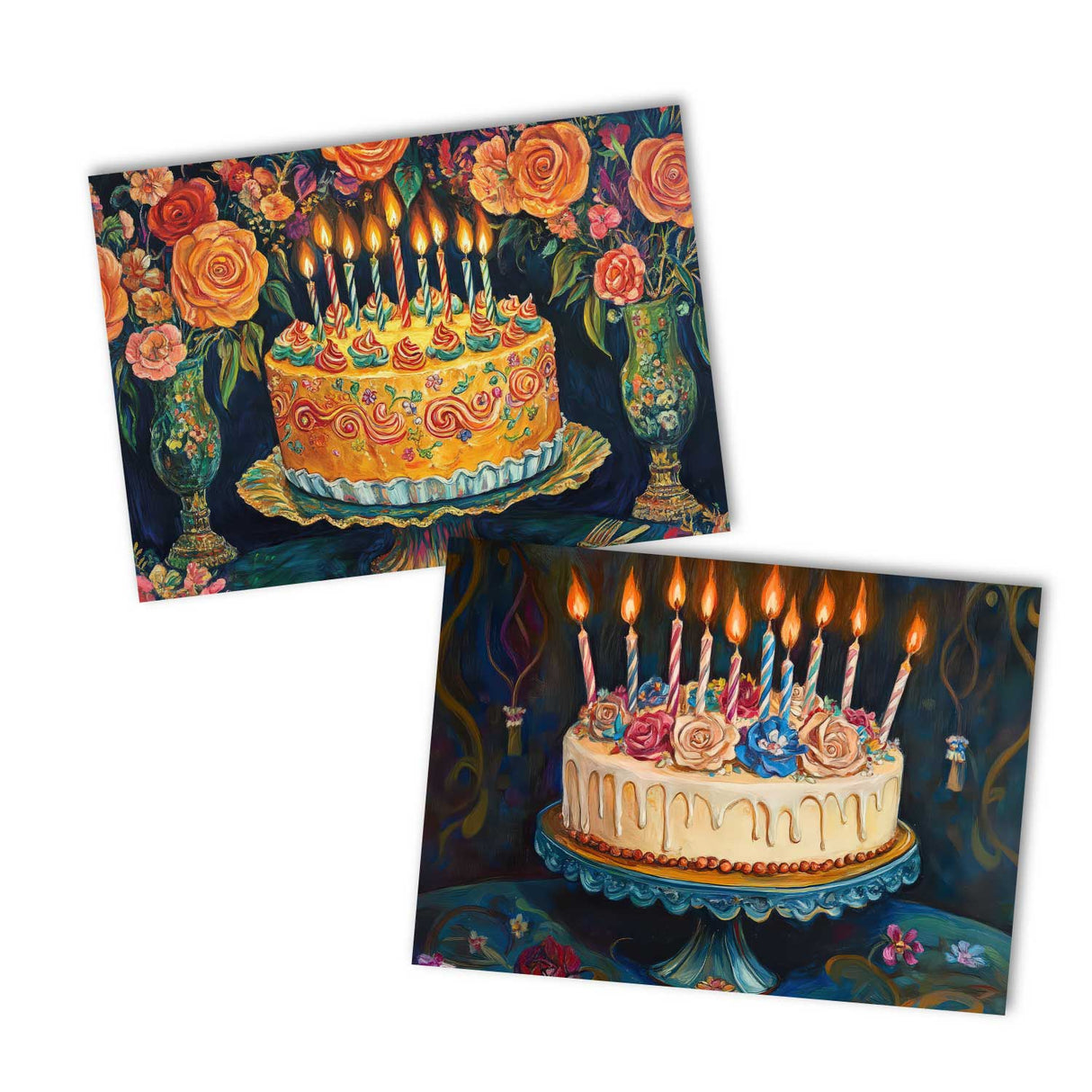 Geburtstagskarten Set mit Kuchen und Katzen – 12 bunte Grußkarten im A6 Format