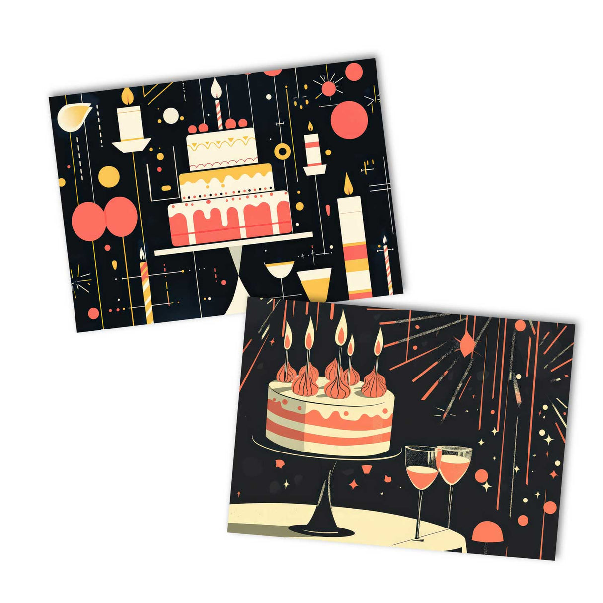 Retro Geburtstagskarten Set – 12 moderne Designs mit Torten Party-Design – Klappkarten oder Postkarten im Mid-Century Look