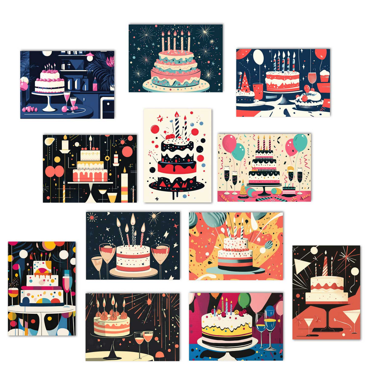 Retro Geburtstagskarten Set – 12 moderne Designs mit Torten Party-Design – Klappkarten oder Postkarten im Mid-Century Look