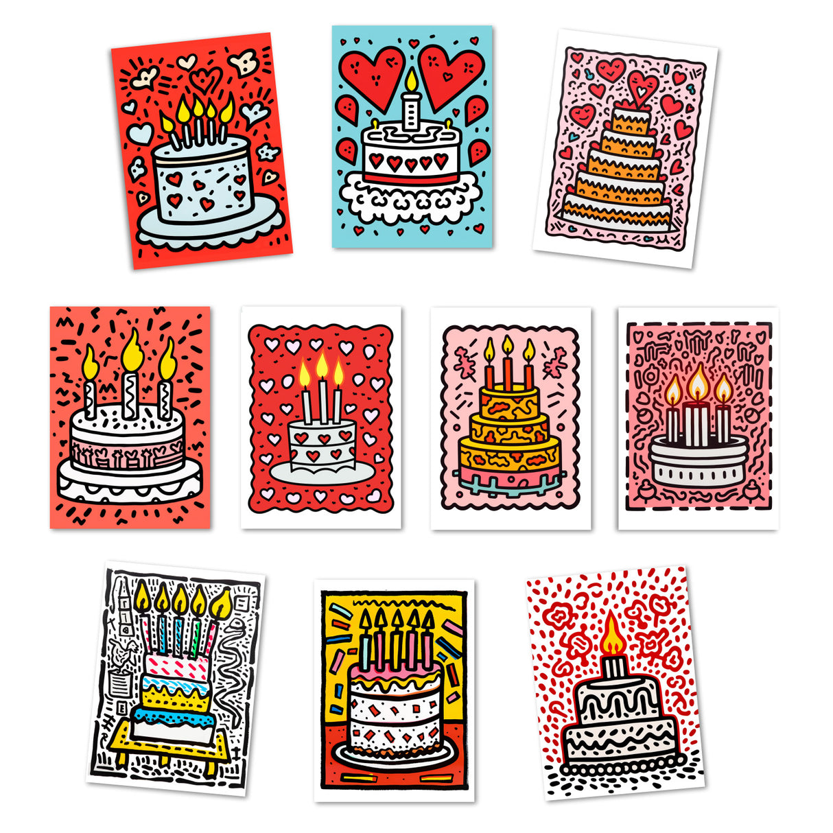 Geburtstagskarten Postkarten A6 Set (10 Cards) Keith Haring Style I Karten zum Geburtstag Klappkarten für Glückwünsche I Happy Birthday