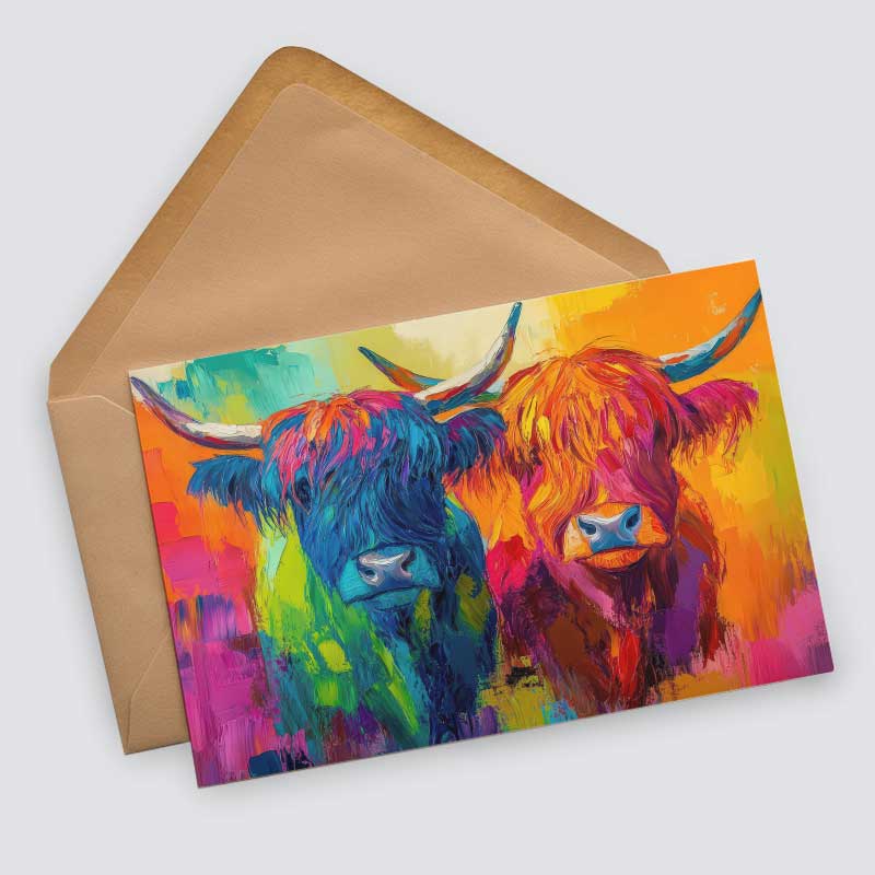 Hochland Kühe Postkarten A6 Set (12 Cards) I Grußkarten und Geburtstagskarten I Farbenfrohe Highland Cattle Cows Coo