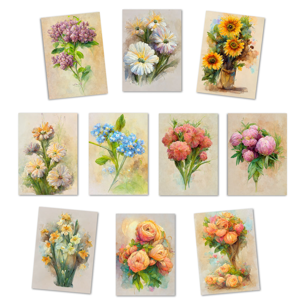 Postkarten A6 Set (10 Cards) Vintage Blumengruß Edition I digital Painting I Neutrale Grußkarten mit Blumen Bouquet Aquarellzeichnung
