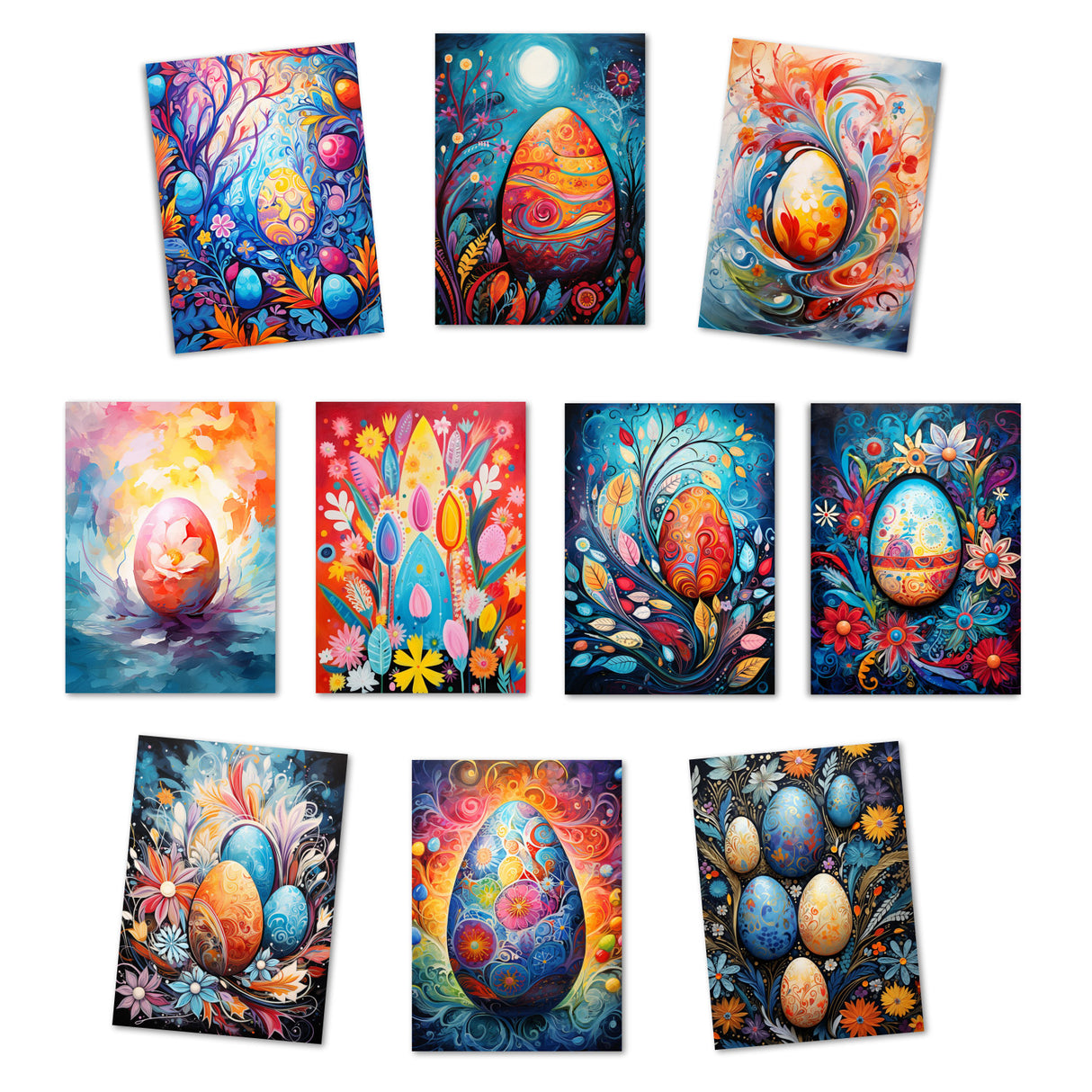 Ostereier Grußkarten Set V3 (10 Karten) | Kunstvolle Oster Karten | Geschenk | Karte mit Grußbotschaft | Postkarte oder Klappkarte