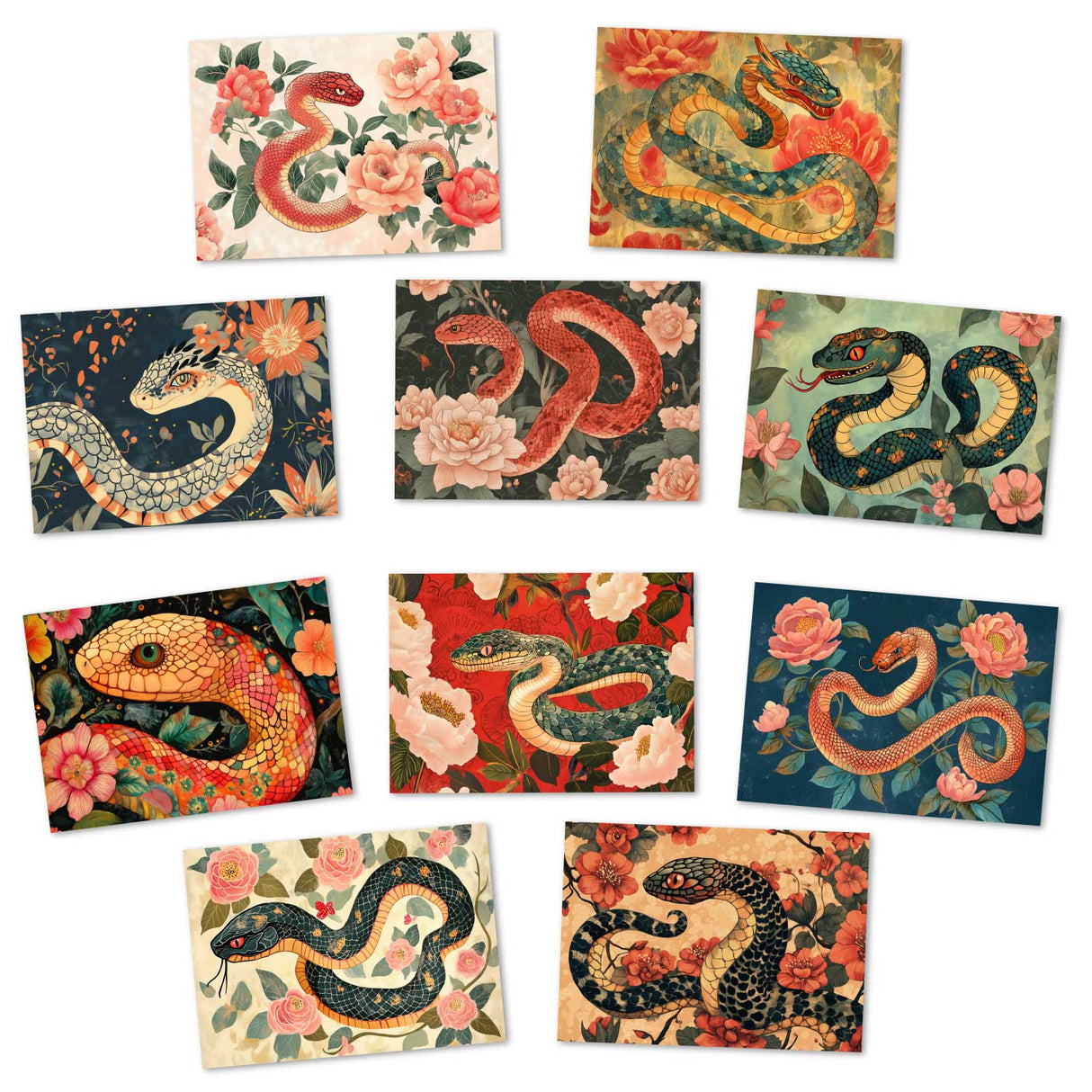 Jahr der Schlange 2025 Postkarten A6 Set (10 Cards) Schlangen Jahr chinesische Sternzeichen asiatische Kultur I Kunstvolle Schlangen Karten