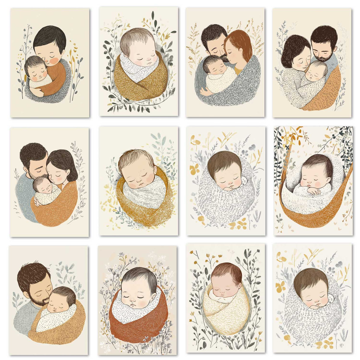 Glückwunsch zum Nachwuchs Postkarten A6 Set (12 Cards) I Glückwünsche Neugeboren I Baby, Mama, Papa, Geboren, Geburtstag, Familie