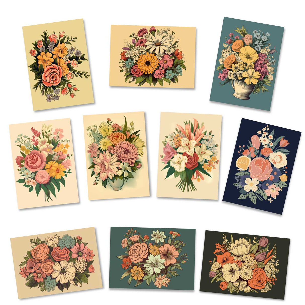 Frühling: Postkarten A6 Set (10 Cards) Vintage Illustration Blumen Grußkarten I Neutrale Grußkarten mit Blumensträußen