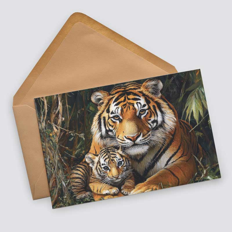 Tiere Safari mit Tierbaby Postkarten A6 Set (12 Cards) I Grußkarten und Geburtstagskarten I Pinguin Löwe Tiger Panda Pferd Affe Kuh Katze