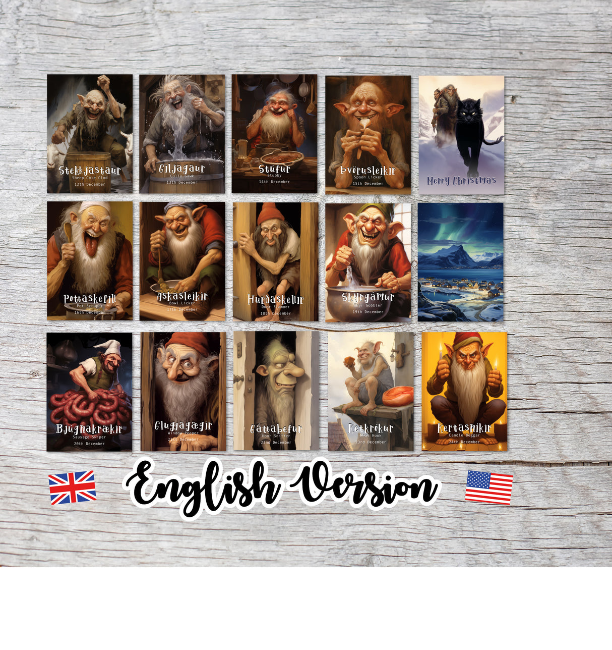 Islands Yule Lads Karten Set A6 (15 Cards) Isländische Weihnachtsmänner I Weihnachtsbuben I Weihnachtstrolle I Humorvolle Folklore Karten