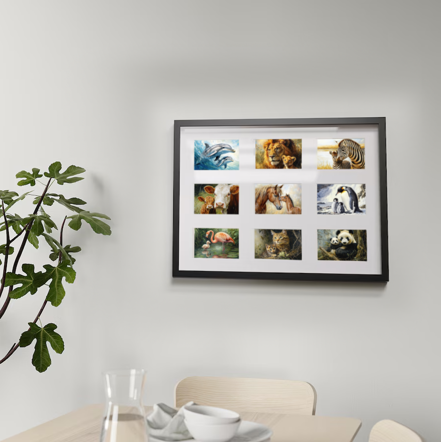 Tiere Safari mit Tierbaby Postkarten A6 Set (12 Cards) I Grußkarten und Geburtstagskarten I Pinguin Löwe Tiger Panda Pferd Affe Kuh Katze