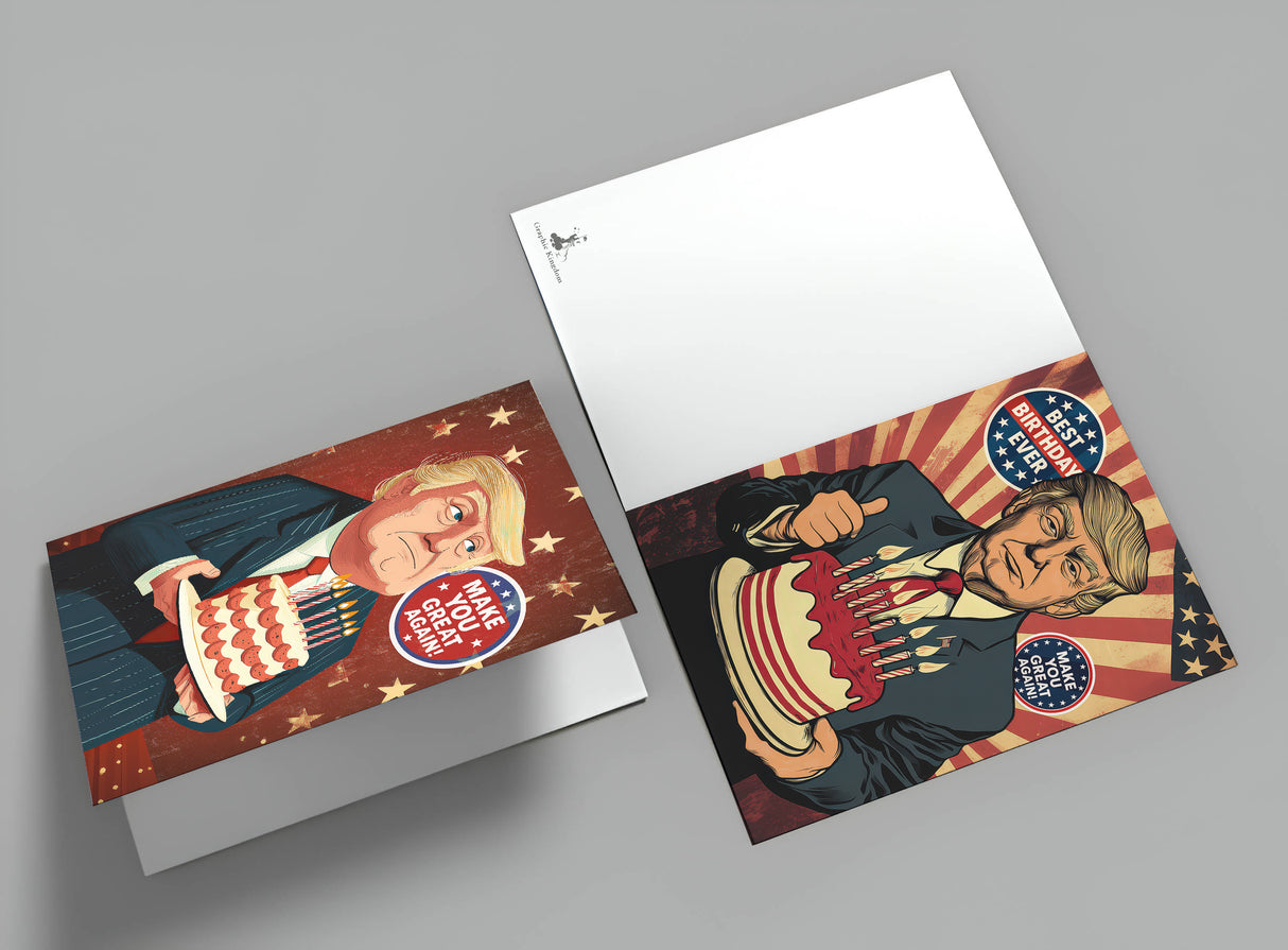 8 Lustige Trump-Geburtstagskarte – 'Make You Great Again' – Humorvolle Karten | Postkarte oder Klappkarte | Illustration