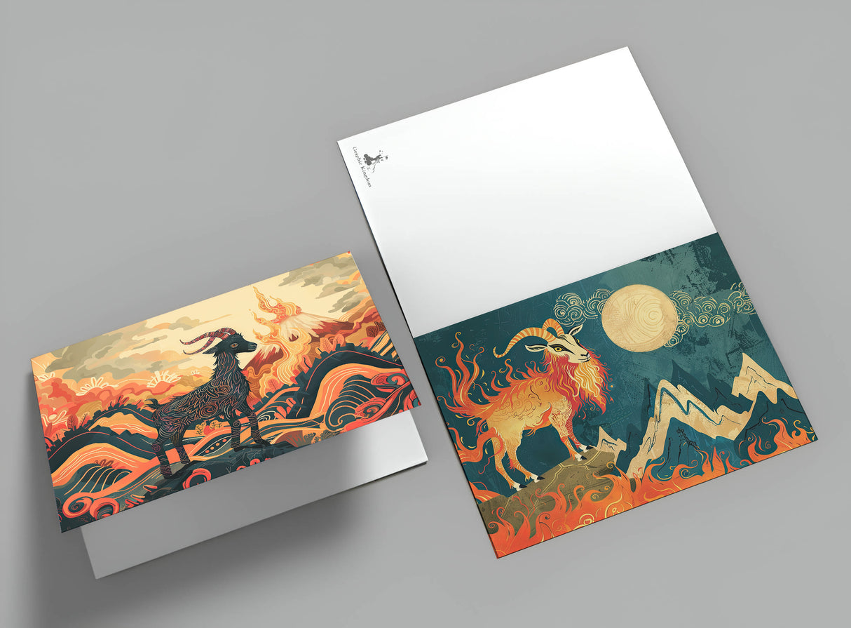 Jahr der Ziege 2027 Postkarten A6 Set (10 Cards) Ziege des Feuers Jahr chinesische Sternzeichen asiatische Kultur I Kunstvolle Karten