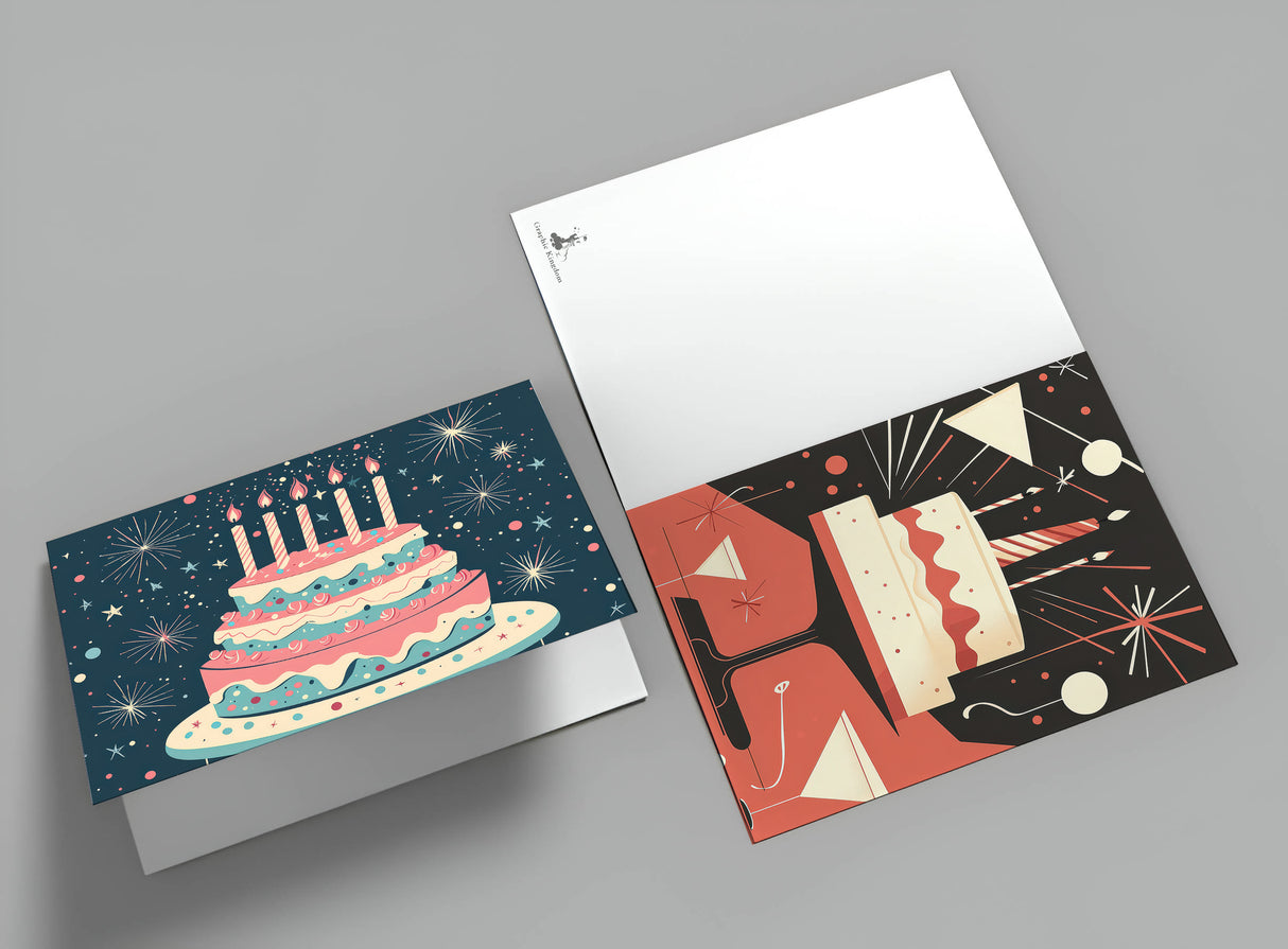 Retro Geburtstagskarten Set – 12 moderne Designs mit Torten Party-Design – Klappkarten oder Postkarten im Mid-Century Look