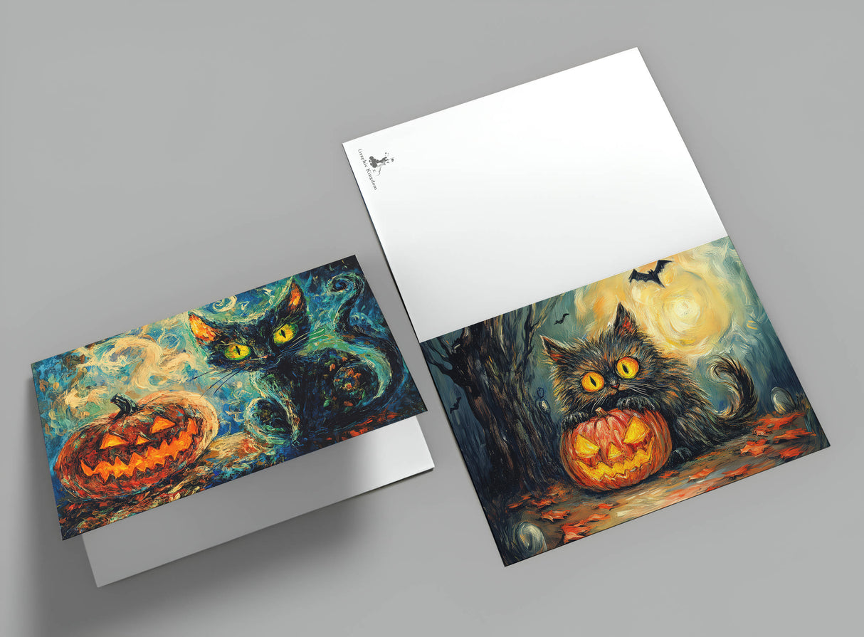 Halloween Katzen Karten Set – 10 kunstvolle Grußkarten A6 | Spooky Postkarten Klappkarten | Gothic Geschenkidee Katzen Halloween lustig