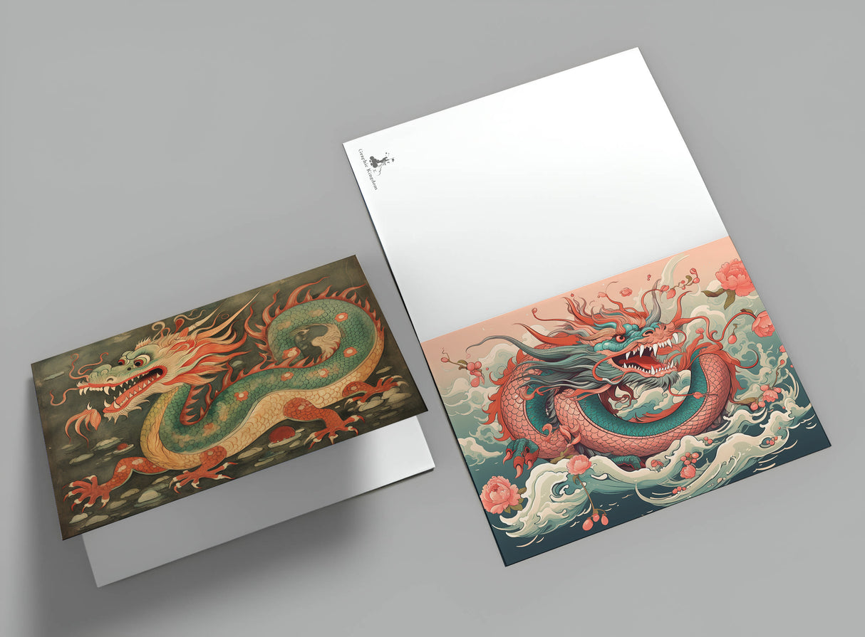 Jahr des Drachen Postkarten A6 Set (10 Cards) Drachen Jahr chinesische Sternzeichen asiatische Kultur I Kunstvolle Drachen Karten