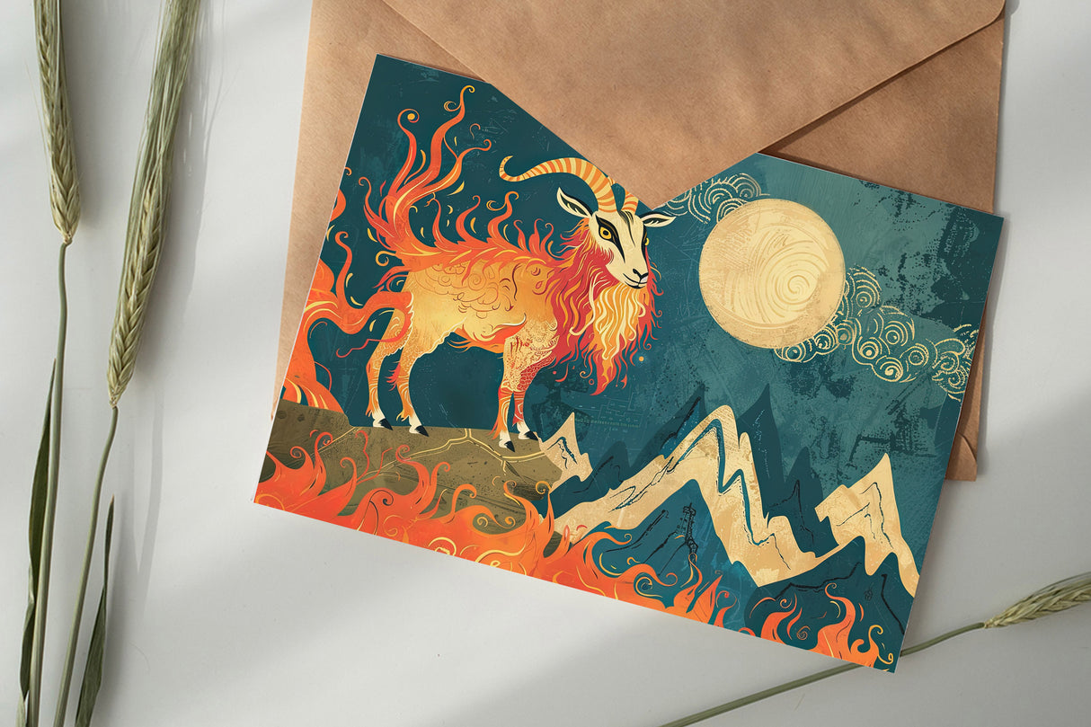 Jahr der Ziege 2027 Postkarten A6 Set (10 Cards) Ziege des Feuers Jahr chinesische Sternzeichen asiatische Kultur I Kunstvolle Karten