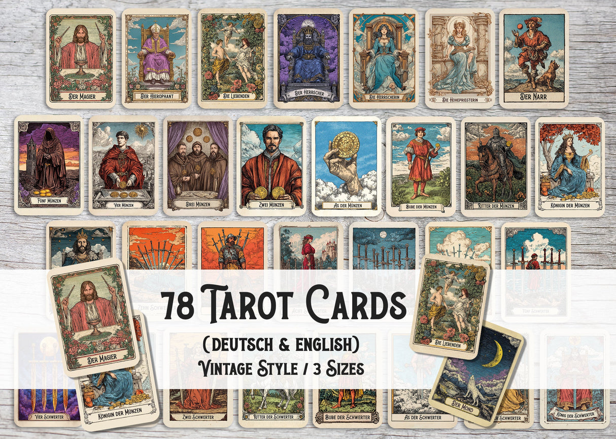 Vintage Tarotkarten Set (78 Karten) | Tarot Deck mit 78 Tarot Karten in drei größen | deutsch und englisch erhältlich | Rider Waite Stil