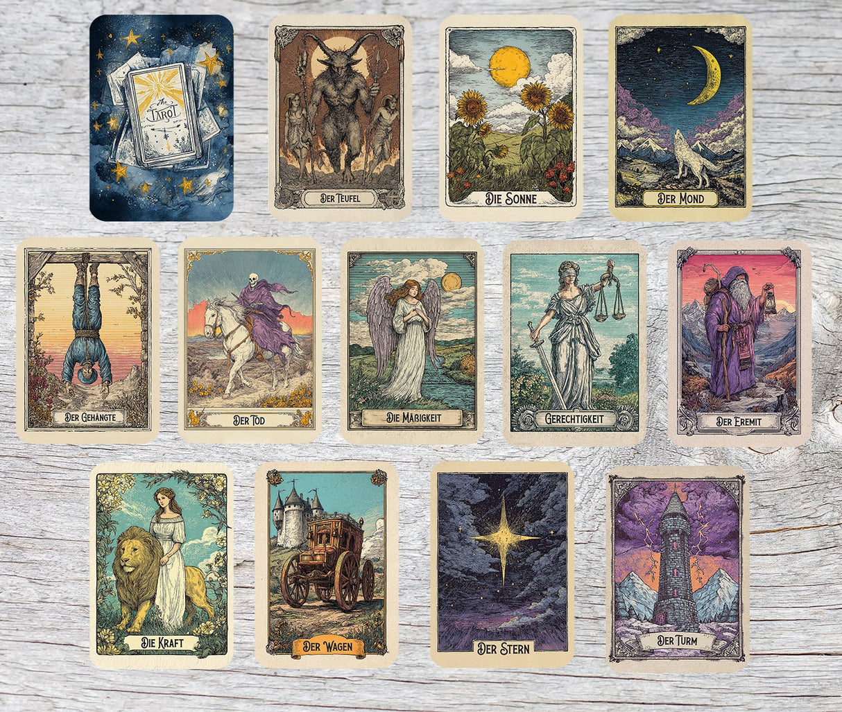 Vintage Tarotkarten Set (78 Karten) | Tarot Deck mit 78 Tarot Karten in drei größen | deutsch und englisch erhältlich | Rider Waite Stil