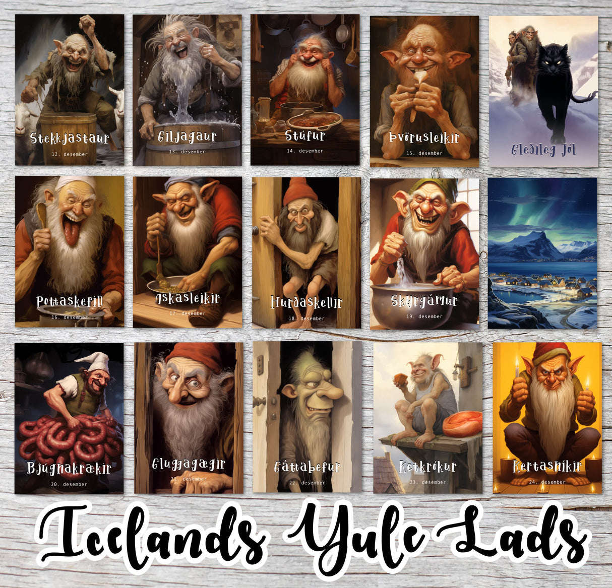 Islands Yule Lads Karten Set A6 (15 Cards) Isländische Weihnachtsmänner I Weihnachtsbuben I Weihnachtstrolle I Humorvolle Folklore Karten