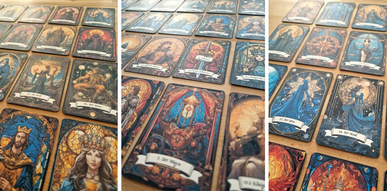 Kunstvolle Tarotkarten im Set (78 Karten) | Tarot Deck mit 78 Tarot Karten in drei größen | deutsch und englisch erhältlich | matt farbdruck