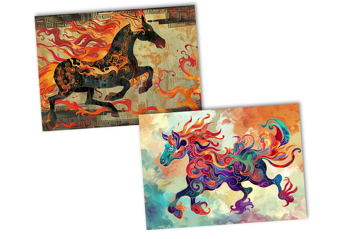 Jahr des Pferdes 2026 Postkarten A6 Set (10 Cards) Pferd des Feuers Jahr chinesische Sternzeichen asiatische Kultur  I Kunstvolle Karten