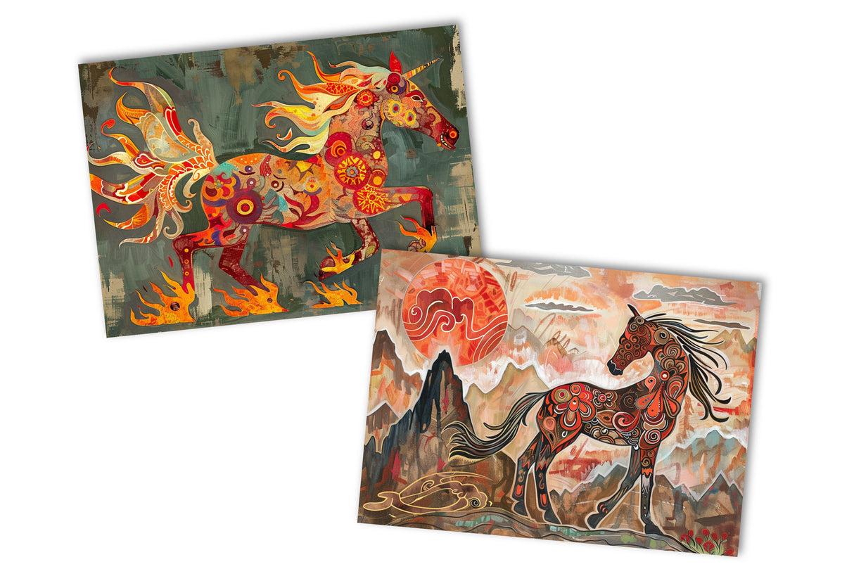 Jahr des Pferdes 2026 Postkarten A6 Set (10 Cards) Pferd des Feuers Jahr chinesische Sternzeichen asiatische Kultur  I Kunstvolle Karten
