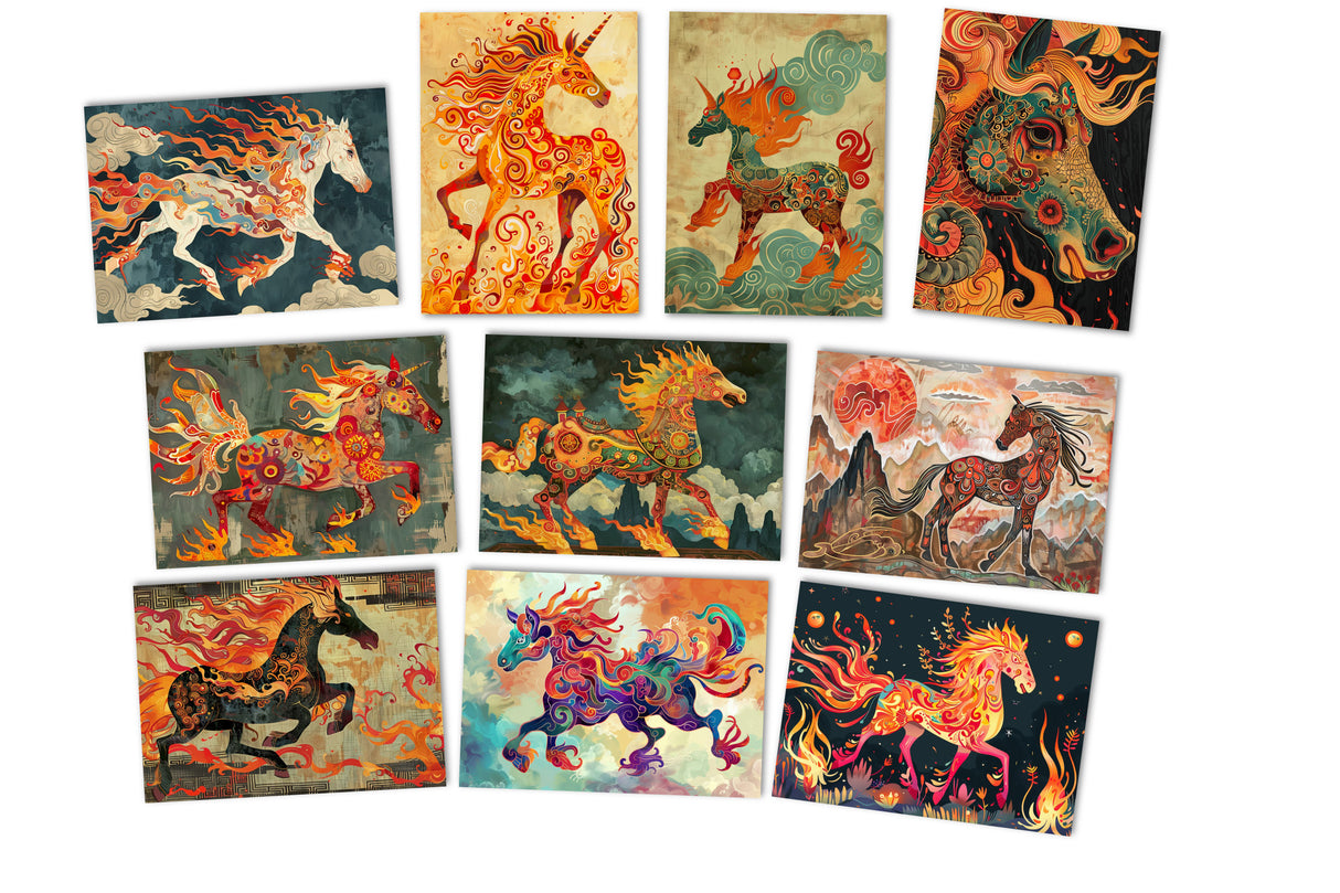 Jahr des Pferdes 2026 Postkarten A6 Set (10 Cards) Pferd des Feuers Jahr chinesische Sternzeichen asiatische Kultur  I Kunstvolle Karten