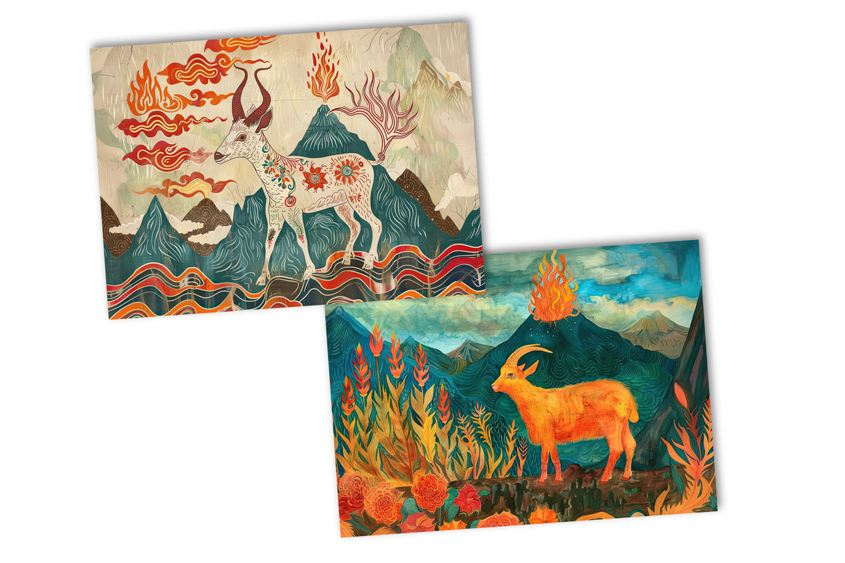 Jahr der Ziege 2027 Postkarten A6 Set (10 Cards) Ziege des Feuers Jahr chinesische Sternzeichen asiatische Kultur  I Kunstvolle Karten