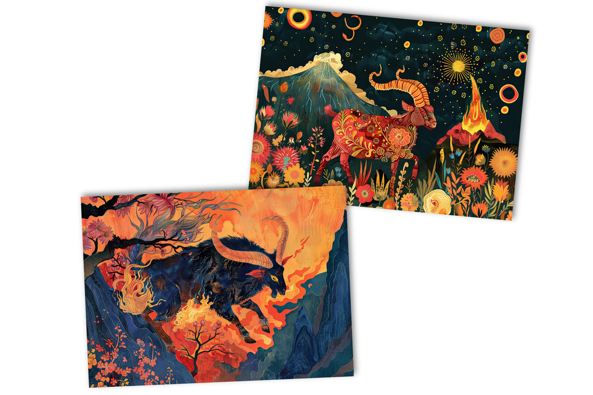 Jahr der Ziege 2027 Postkarten A6 Set (10 Cards) Ziege des Feuers Jahr chinesische Sternzeichen asiatische Kultur  I Kunstvolle Karten