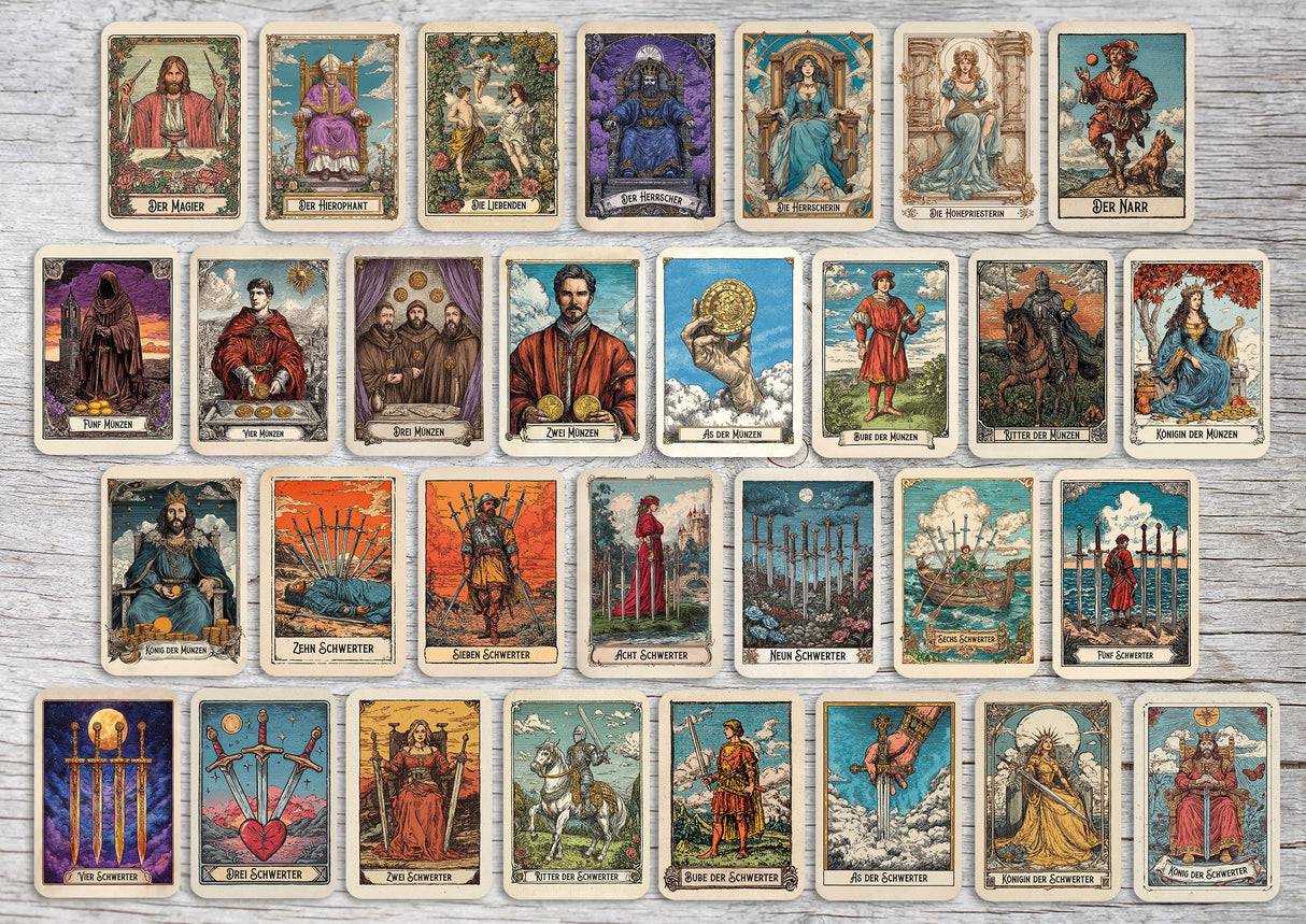 Vintage Tarotkarten Set (78 Karten) | Tarot Deck mit 78 Tarot Karten in drei größen | deutsch und englisch erhältlich | Rider Waite Stil